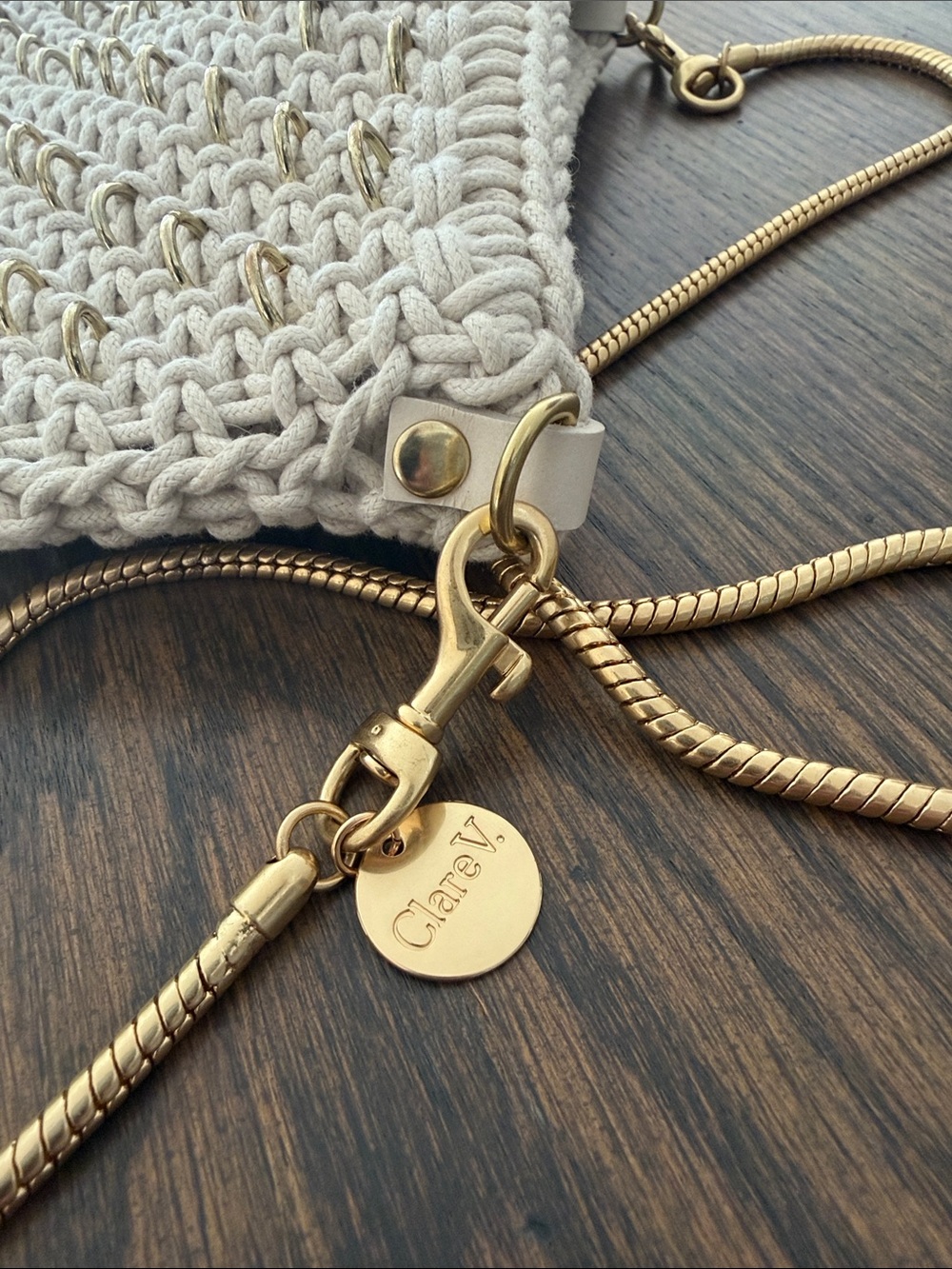 Clare V Cleore Bag in Cotton Cording w/ Gold Rings Snake Chain Crossbody Strap - Picture 12 of 14